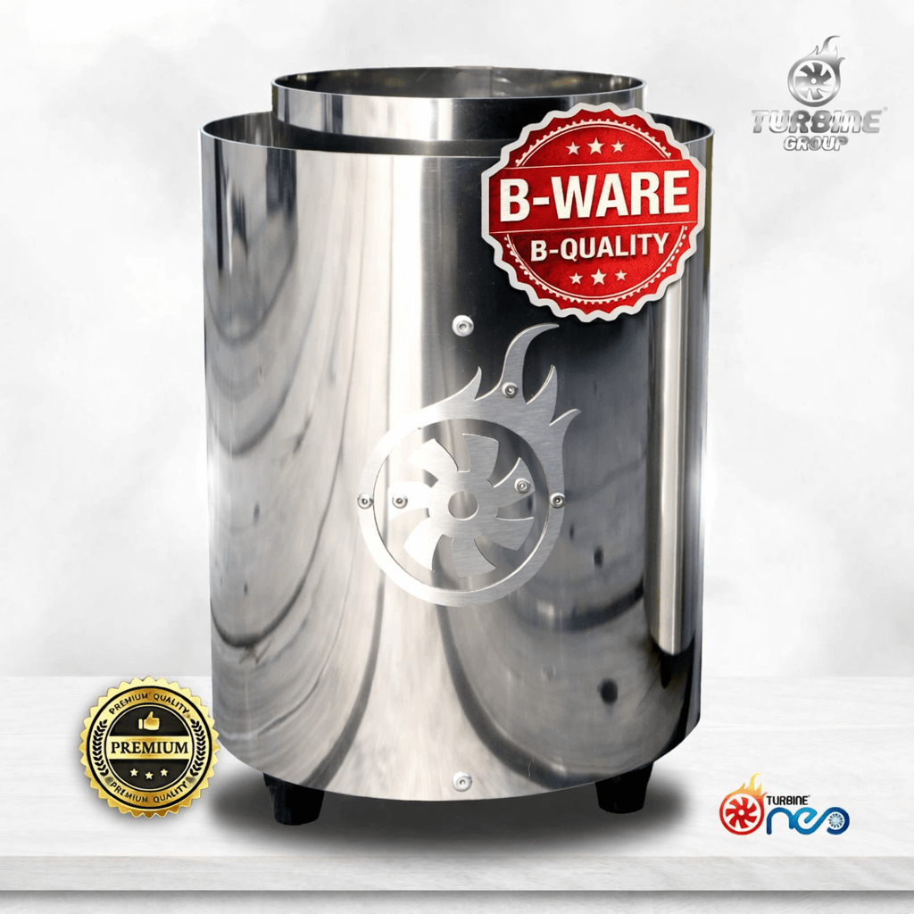 Turbine Neo Edelstahl poliert B-Ware mit Premium-Qualitätszeichen auf Edelstahl-Oberfläche.