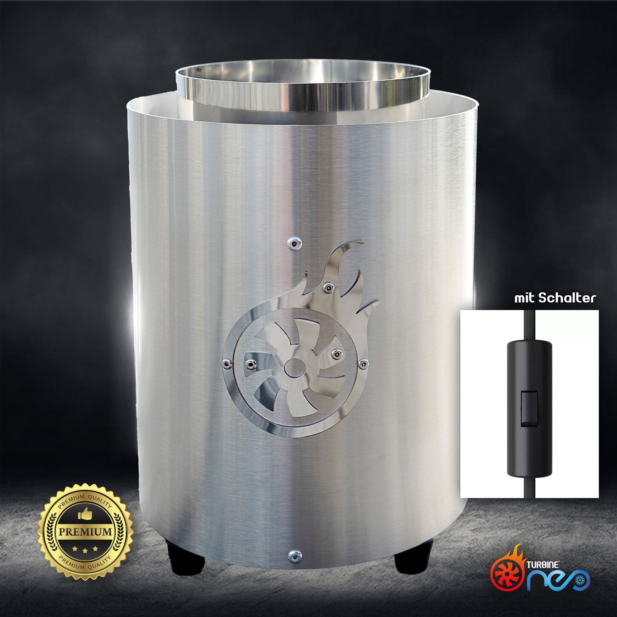 Turbine NEO gebürstet mit Schalter, schnellster Kohleanzünder der Welt, optimierter Airflow, Made in Germany, einzigartige Technologie, BBQ Zubehör