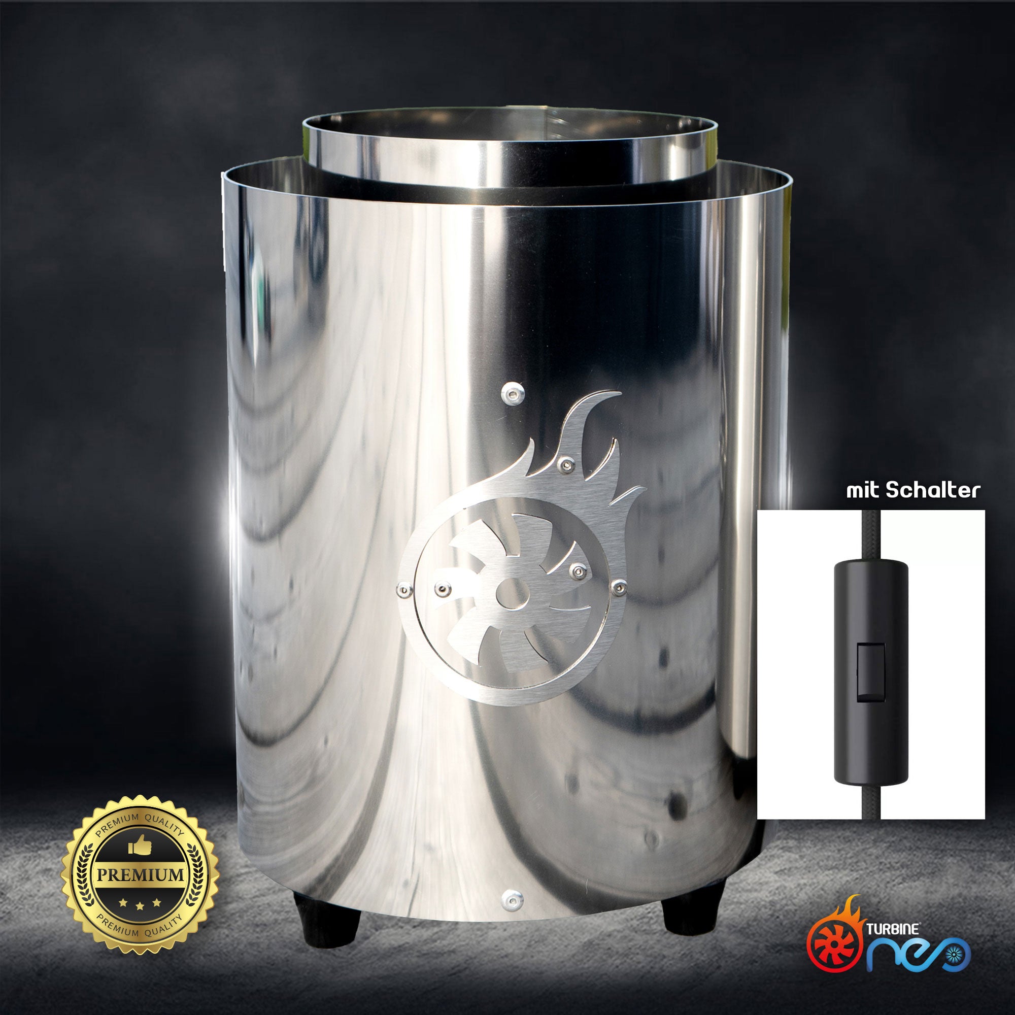 Turbine NEO poliert mit Schalter, schnellster Kohleanzünder der Welt, optimierter Airflow, Made in Germany, einzigartige Technologie, BBQ Zubehör
